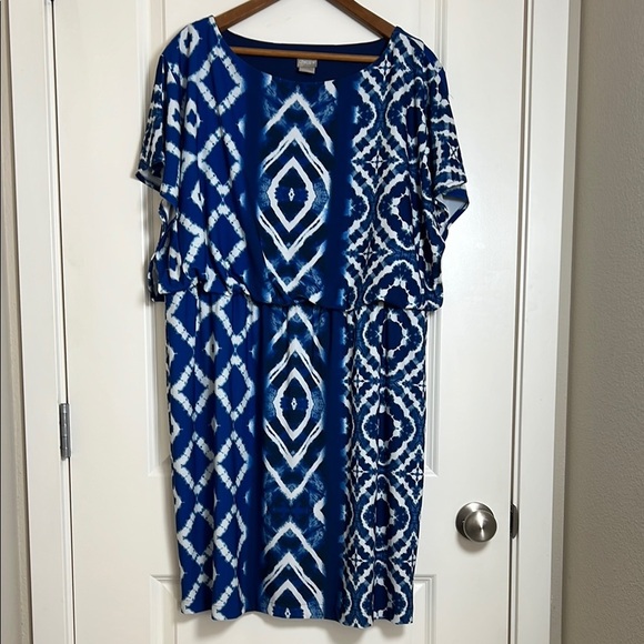 Chico's Blue Tie Dye Knee Length Short Sleeve Dress XL (3P) 16P/18P - Picture 1 of 8